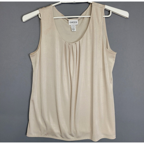 Chicos Travelers Tank Top Womens Chicos 2 (L 12) Beige Liquid Gold Shimmer - Picture 2 of 12